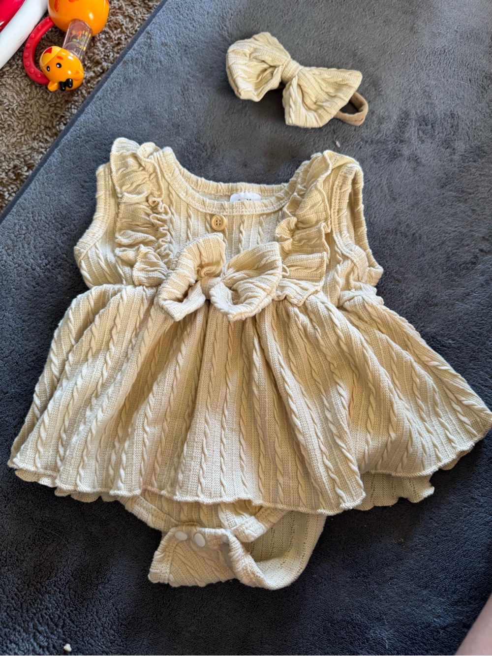 Neutral Cream Cable-Knit Baby Dress with Bow Headband